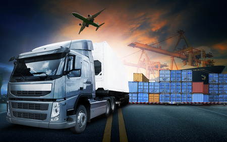 48469991 - container truck ,ship in port and freight cargo plane in transport and import-export commercial logistic ,shipping business industry
